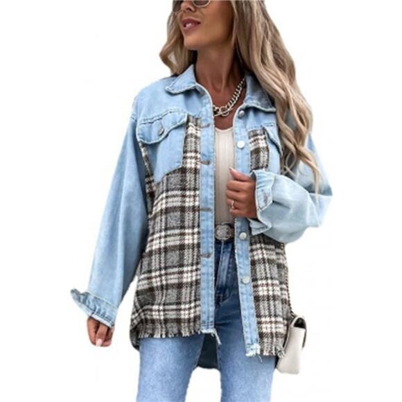 Light Wash Plaid Printed Patchwork Oversized Denim Jean‎ Shacket Jacket Top - Picture 6 of 7